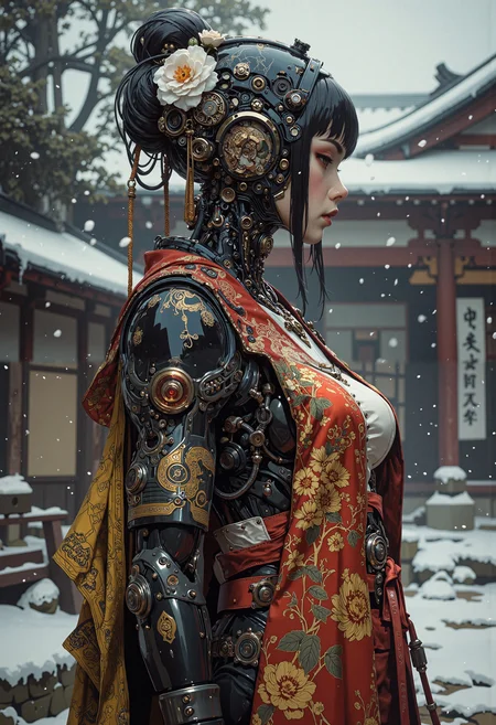 masterpiece, high-quality, hyperdetailed, A geisha android with a polished black carapace, intricately inlaid with golden floral patterns and exposed, delicate silver wiring. She wears a vibrant crimson and gold silk kimono, slightly open, revealing the gleam of her metallic torso. A single white camellia adorns her traditional hairstyle. Snow falls gently around her in a serene, traditional Japanese garden. Style is Cyberpunk-traditional fusion, ornate robotics, high-contrast textures (metal, silk, snow), elegant and melancholic., <lora:FLUX\Anime v1.3:0.5> <lora:FLUX\MoriiMee_Gothic_Niji_Style_FLUX:0.6> <lora:FLUX\CPA:0.5> <lora:FLUX\DarksunRiddV4:0.5