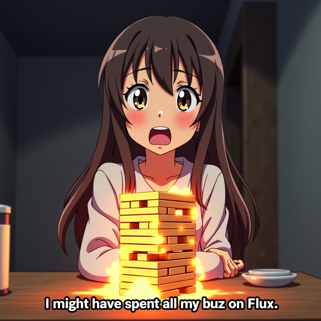 A wide eyed and slack jawed anime girl looking shocked, looking at a charred, electrified jenga stack on a table. In captions is the text: "I might have spent all my buzz on Flux."