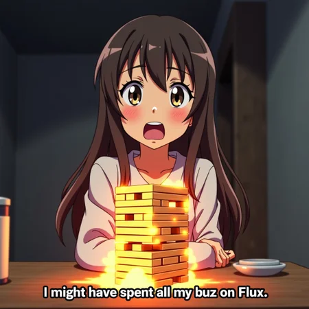 A wide eyed and slack jawed anime girl looking shocked, looking at a charred, electrified jenga stack on a table. In captions is the text: "I might have spent all my buzz on Flux."