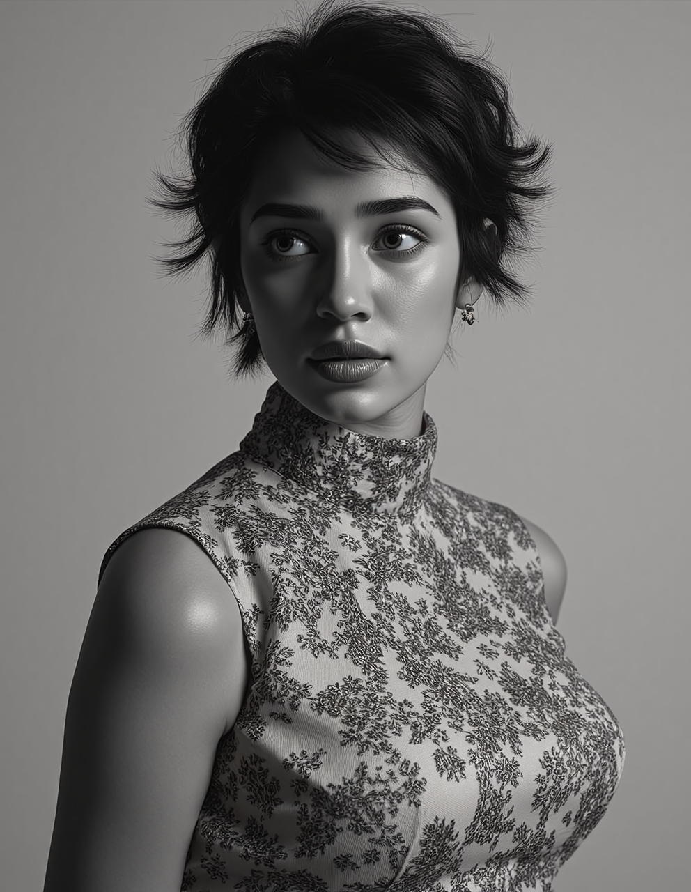 black and white photo of kr1t1 sh3tty woman, hyper realistic photo that is safe for work, shy smile, studio quality image with natural colors, well dressed wearing intricate turtleneck Indigo floral summer dress, hair styled as  messy pixie,muted pastel shaded multicolored background that contrasts with the person, cinematic lighting,âââââ  <lora:kr1t1_sh3tty_Kriti_Shetty_Flux_Kohya_V1:1>âââ