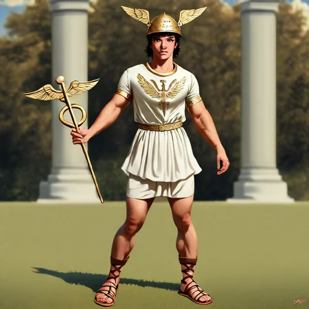 amazing photo, full body, pestatos, straw, dark green, solo, short hair, shirt, black hair, 1girl, hat, jacket, outdoors, blurry, roman costume, blurry background, thick eyebrows, helmet, sideburns, realistic, caduceus insignia, pestatos, h_mercury, petasos, headgear, talaria, caduceu<lora:Mercury:0.7> m_hermes, solo, male focus, 1girl, Hermes, caduceus, helmet, sandals, muscular, petasos, headgear, full body, holding, realistic, muscular male, cloud <lora:Mezzotint_Artstyle_for_Flux_-_by_Ethanar:0.5> <lora:perfection style v2d:0.7> <lora:CPA:0.5>anime style