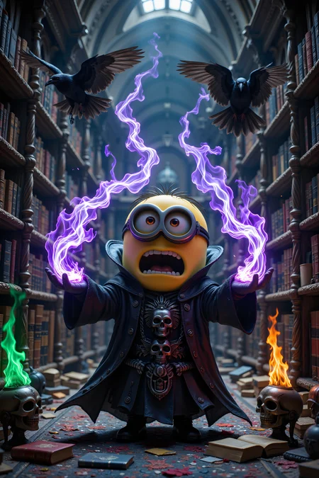 A short yellow minion from despicable me is dressed as a shadowy necromancer in an ancient library, purple energy swirling between their outstretched hands as books float off shelves around them. Their black robes are adorned with silver skull motifs and flowing scripts. Magical chains of blue light bind forbidden tomes to their will, while raven familiars perch on twisted metal stands nearby. Green flames burn in skull-shaped lanterns, casting eerie shadows on the walls lined with forbidden knowledge. , detailed background Fantastic lighting. Detailed shadows.intricate details, vivid colors, hyper-detailed, ultra-sharp, , <lora:FluxMythR3alisticF:0.4><lora:midjourney_whisper_flux_lora_v01:0.4><lora:aidmaMJ6.1-FLUX-V0.1:0.4><lora:Movie_Portrait:0.4><lora:Flux DetailerV2:0.4>