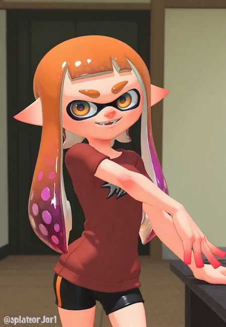 3d, splatoon, masterpiece, splatoon, inkling, indoors, happy, posing, cowboy shot