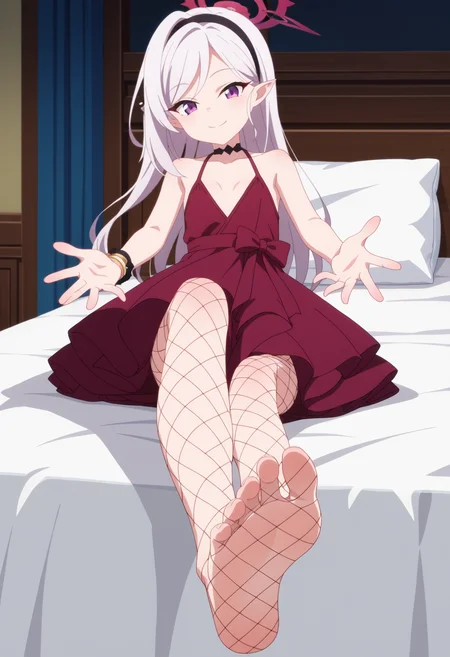 score_9, score_8_up, score_7_up, source_anime,
BREAK
1girl, solo, anime screencap, anime coloring,
<lora:shiMutsukiTrainingV1:1.0>,
shimutsukidress, alternate costume, long hair, purple eyes, white hair, side ponytail, hairband, pointy ears, halo, black choker,
bracelet, jewelry, small breasts, collarbone,
sleeveless, red dress, fishnet pantyhose, feet, soles, on bed,
looking at viewer, smile, reaching towards viewer, indoors,