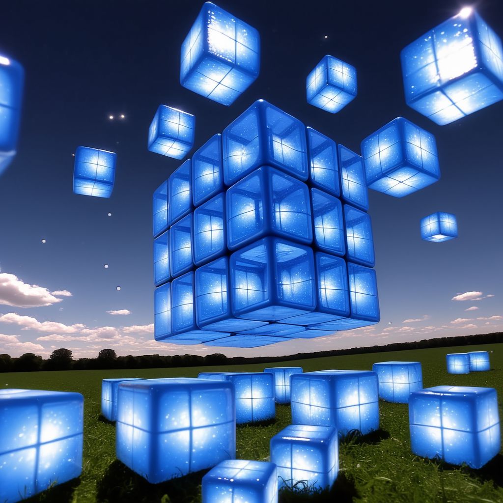 cubes in a hyper-real early 1990s computer graphic format sitting in a field they are made out of translucent bubbles. inside each cube is a different holographic head in the sky swirling psychedelic bubbles, DMT trip acid recreation