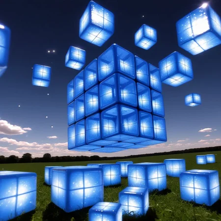 cubes in a hyper-real early 1990s computer graphic format sitting in a field they are made out of translucent bubbles. inside each cube is a different holographic head in the sky swirling psychedelic bubbles, DMT trip acid recreation