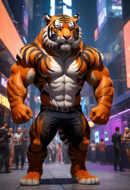 (anthro (tall chunky muscular (tiger), (((thick realistic tiger fur)))) in the nightclub district of the futuristic city))