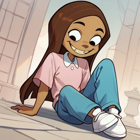 score_9, score_8_up, score_7_up BREAK KimCat, 1girl, long brown hair, tan skin, black eyes, tooth gap, white-collared short-sleeved pink shirt, blue pants, white shoes,