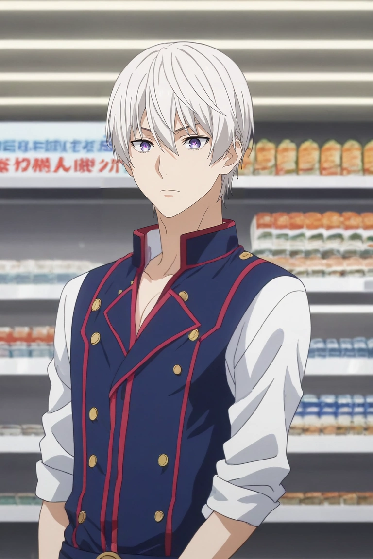 score_9, score_8_up, score_7_up, , rating_safe, intricate details, anime screencap, , , , , 1boy, solo, male focus, <lora:eishi_tsukasa_pony:0.82>, eishi_tsukasa, white hair, purple eyes, short hair, hair between eyes, cowboy shot, store, convenience store, indoors, light, (pose), sparkling eyes, captain costume, <lora:sdxl_lightning_8step_lora:1>