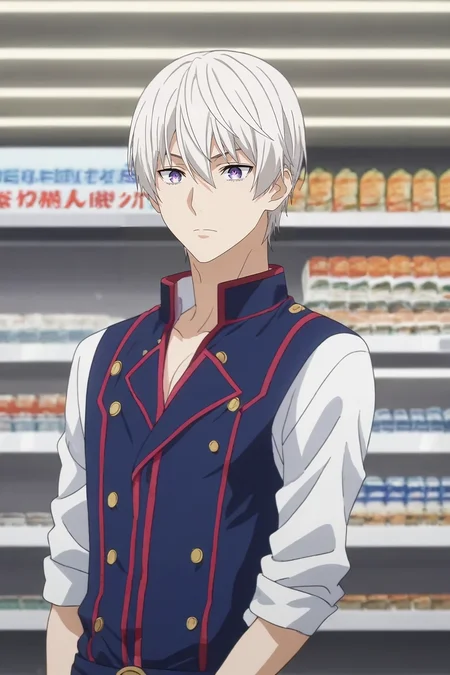 score_9, score_8_up, score_7_up, , rating_safe, intricate details, anime screencap, , , , , 1boy, solo, male focus, <lora:eishi_tsukasa_pony:0.82>, eishi_tsukasa, white hair, purple eyes, short hair, hair between eyes, cowboy shot, store, convenience store, indoors, light, (pose), sparkling eyes, captain costume, <lora:sdxl_lightning_8step_lora:1>
