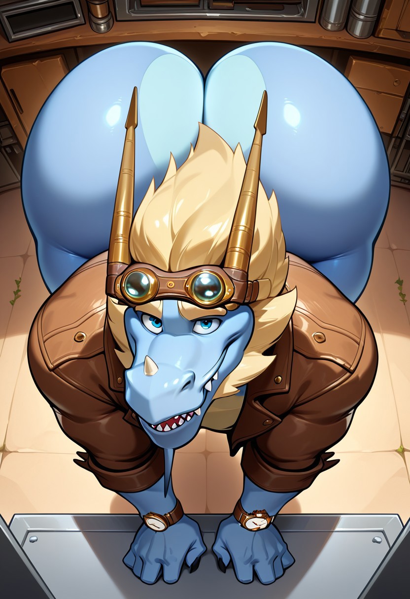 Masterpiece, best quality, high quality, detailed, Lindar, male, solo male, dragon, anthro dragon, blue skin, light yellow underbelly, blue eyes, thick eyebrows, blonde hair, sharp teeth, facial hair, small horn on nose, goggles, brown collar, wristwatch, thick thighs, smiling, looking at viewer, bending over, arching back, standing, workshop, brown leather jacket, half body, athletic build, balls, massive ass, huge round ass, looking back at viewer, hands on desk, leaning forward