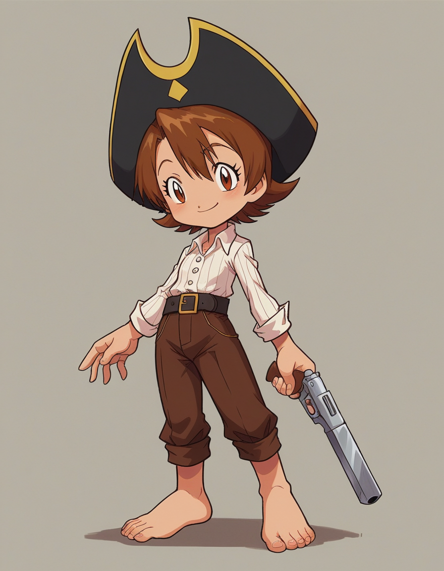zPDXL, score_9, score_8_up, score_7_up, source_anime,
<lora:Digimon_v2-15:0.8> digimon, 1girl, solo, hikari, brown hair, brown eyes, short hair, seductive smile, tiptoes, pirate wearing billowing white linen shirt with a lace-up neckline, fitted breeches, wide leather belt, leather tricorn hat with a peacock feather, bare feet, treasure map, wielding flintlock pistol with a decorative stock and engraved barrel,