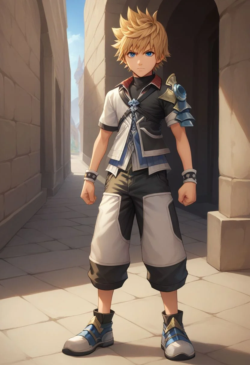 score_9, score_8_up, source_anime, highly detailed, 1boy, solo, male_focus, slender, skinny,
ventus, 1boy, solo, male focus, blue eyes, spiked hair, wristband, standing, shorts,
clenched hand, shoes, looking at viewer, armor, shoulder armor, blonde hair
outdoor
