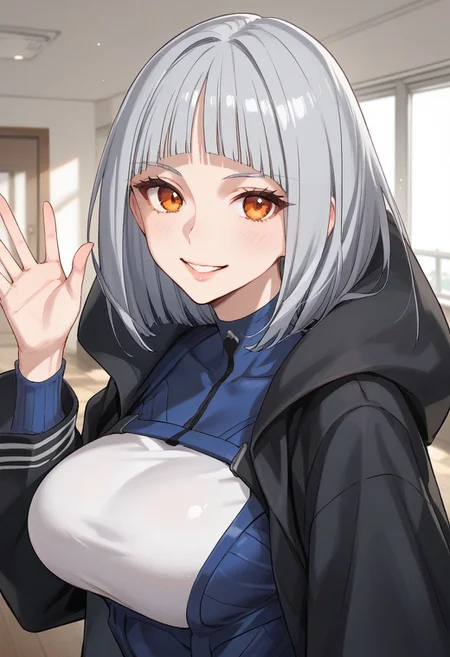 score_9, score_8_up, score_7_up, source_anime BREAK 1girl, solo, looking at viewer, cowboy shot, huge breasts, indoors, build, 1girl, elenarw, grey hair, bob haircut, blunt bangs, orange eyes, black pupils, hood, blue bodysuit, long sleeves, black jacket, large breasts, from above, cute face, ((upper body)), waving, smile, looking at viewer