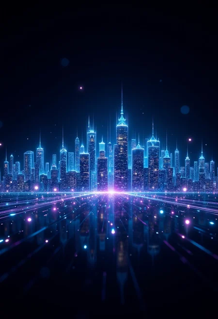 This eye-catching digital artwork features a neon-lit city skyline in wire form with a futuristic background. The black space serves as a canvas for the glowing blue and purple lights that seem to pulse along the building, giving the work a sense of movement and energy. The contrast between the illuminated areas and the dark background creates a striking visual effect and emphasizes the elegance of the skyliner. This work demonstrates the artist's ability to combine traditional art techniques with digital technology, resulting in a stunning holographic style image that captivates the viewer. , <lora:FluxDFaeTasticDetails.safetensors:0.8> <lora:glowing_flux.safetensors:0.8>,