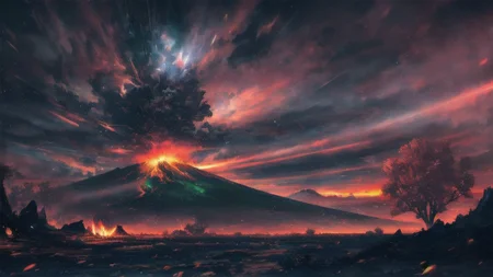 long shot, single volcano erupting, lava in the distance, (raining fire:1.1), blowing smoke, (red sky:1.2), ash on ground, destroyed forest, ash, green trees in foreground, (smoke:1.2), low visibility, <lora:FantasyLandscape:.6>, fanlan, <lora:epi_noiseoffset2:.4>, art by evan cagle and greg rutkowski,