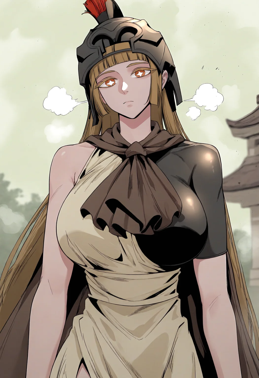 score_9, score_8_up, score_7_up, score_6_up, source_anime, rating_explicit, 1girl, solo, huge breasts, <lora:The Defender prefectPonyxl:1> long hair, blonde hair, brown eyes, brown hair, star-shaped pupils, orange eyes, blunt bangs, sidelocks, colored eyelashes, helmet, plume, brown cape, dress, side slit, single bare shoulder, expressionless, Narrow shoulders, heavy breathing, steaming body, wilderness, outdoors, looking at viewer, close-up