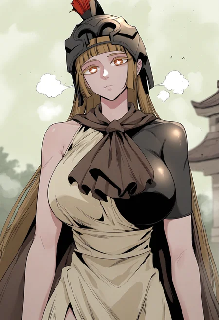score_9, score_8_up, score_7_up, score_6_up, source_anime, rating_explicit, 1girl, solo, huge breasts, <lora:The Defender prefectPonyxl:1> long hair, blonde hair, brown eyes, brown hair, star-shaped pupils, orange eyes, blunt bangs, sidelocks, colored eyelashes, helmet, plume, brown cape, dress, side slit, single bare shoulder, expressionless, Narrow shoulders, heavy breathing, steaming body, wilderness, outdoors, looking at viewer, close-up