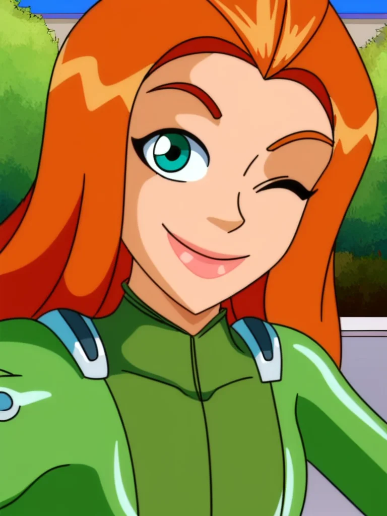 smile, selfie, v, one eye closed, head tilt, closed mouth, looking at viewer, upper body, portrait, 
leaning to the side, arched back, looking back, park, solo focus,
<lora:Totally_Spies_Sam:1>, orange hair, bodysuit, long hair,