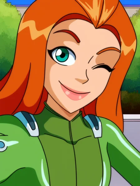 smile, selfie, v, one eye closed, head tilt, closed mouth, looking at viewer, upper body, portrait,
leaning to the side, arched back, looking back, park, solo focus,
<lora:Totally_Spies_Sam:1>, orange hair, bodysuit, long hair,