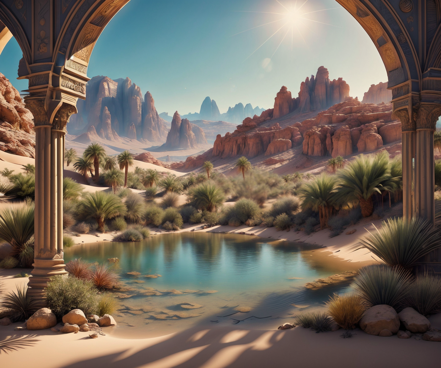 RAW photo, (masterpiece:1.3), subsurface scattering, heavy shadow, (high quality:1.4), (intricate, high detail:1.2), professional photography, HDR, High Dynamic Range, realistic, ultra realistic, photorealistic, high resolution, film photography, ambient lighting, atmospheric effects, <lora:detail_slider_v4:2>, OverallDetail,  <lora:Oasis:1>, a small oasis in the desert, palm trees, shrubs, mountains in the background