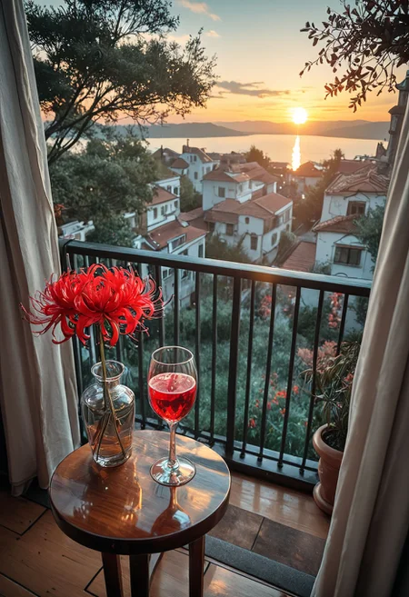 SmoothNoob_Quality, balcony, scenery, sky, spider lily, spot color, sunset, drinking glass, vase, <lora:Smooth_Booster:0.5>βββ
