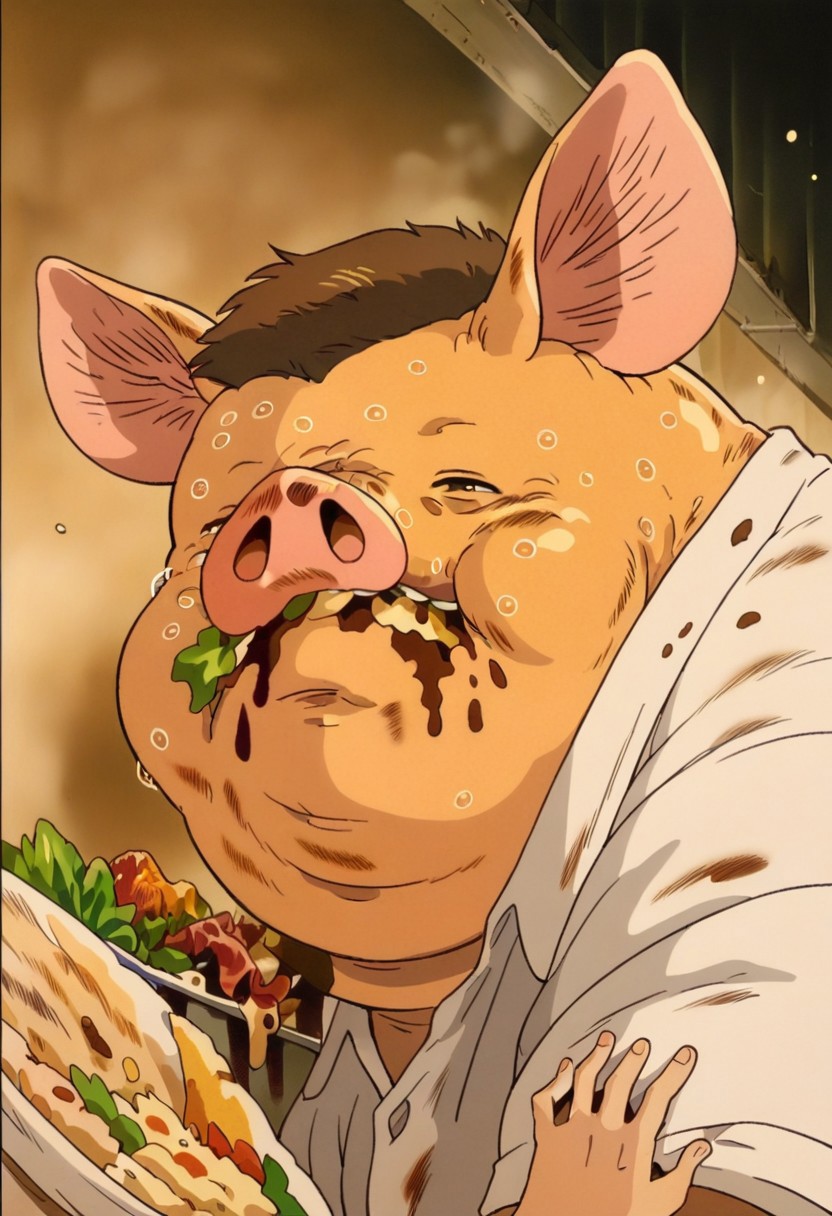 score_9, score_8_up, score_7_up, score_6_up, ghbl, 1boy, pig, food, sweat, eating, dirty room, brown hair