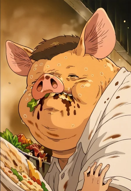 score_9, score_8_up, score_7_up, score_6_up, ghbl, 1boy, pig, food, sweat, eating, dirty room, brown hair
