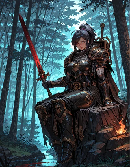 masterpiece, best quality,high quality, newest, highres,8K,HDR,absurdres, 1girl,solo, iLLFerrusM40k, ponytail,ahoge,red eyes,metallic arms,mature female,bandaged arm,armor,holding,sitting,weapon,outdoors,sword,cape,holding weapon,tree,blood,holding sword,nature,scenery,cloak,forest,full body,looking at viewer, <lora:iLLFerrusM40k:1> <lora:iLLMythAn1m3Style:0.8> MythAn1m3