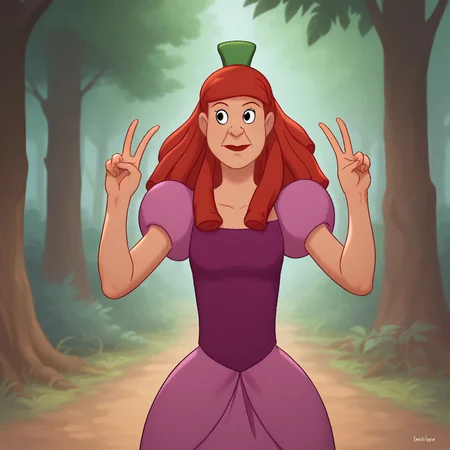 score_8_up, BREAK, AnastasiaTremaine, 1girl, solo, red hair, long hair, black eyes, lipstick, green hairpin, dress, blue sleeves, magenta bodice, puffy short sleeves, hoop skirt, cowboy shot, <lora:AnastasiaTremaine_PXL_Leaf1:1>, outdoors, forest, double v,