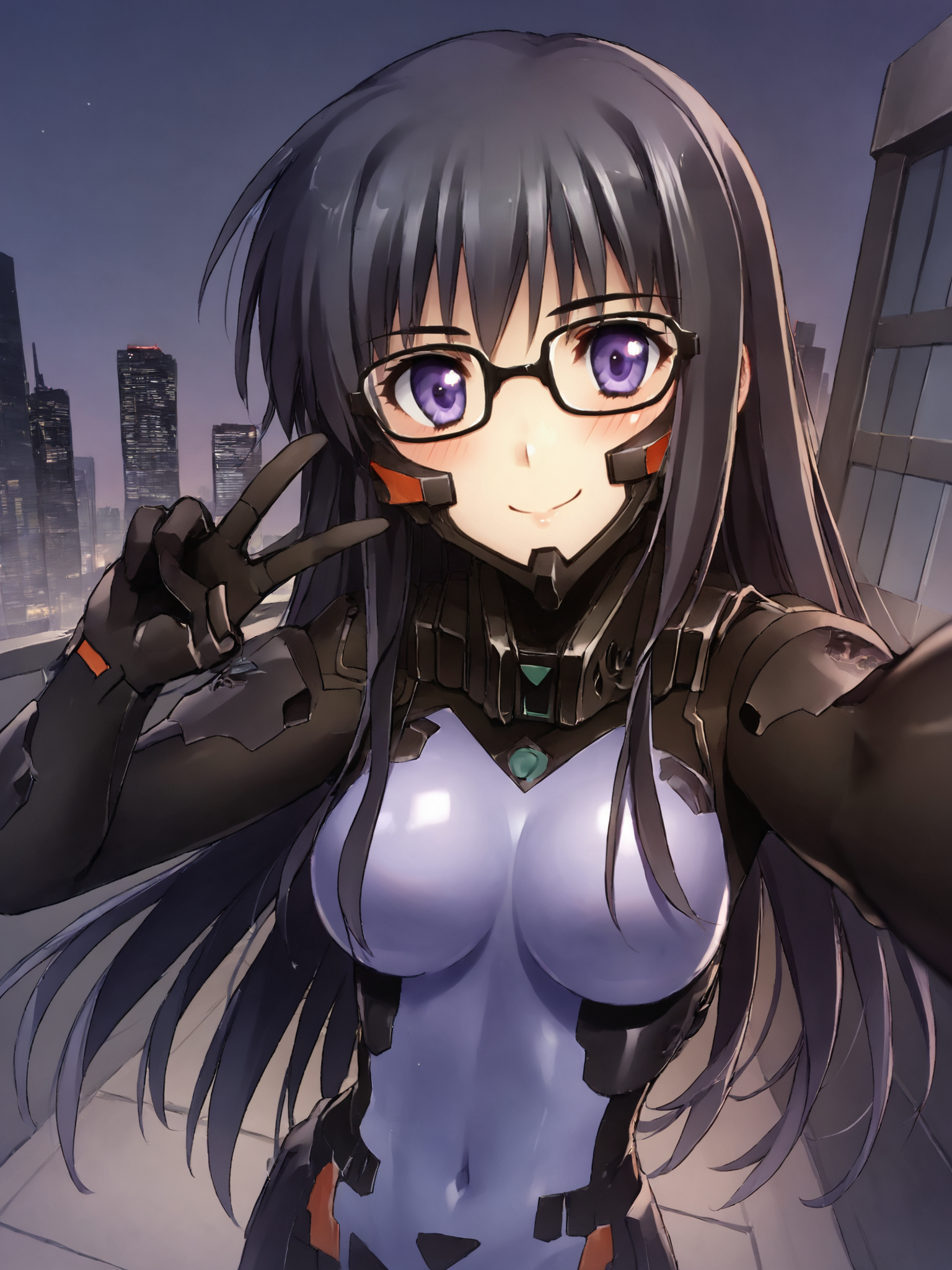 score_9, score_8_up, score_7_up, zPDXL, zPDXLpg, <lora:offset_0.2:0.1>, <lora:spo_sdxl_10ep_4k-data_lora_webui:1>,
1girl, solo,
schwarzesmarkenfortifiedsuit, pilot suit, impossible bodysuit, <lora:East_German_Fortified_Suit:1>,
gretel jeckeln, black hair, long hair, sidelocks, purple eyes, glasses, medium breasts,
selfie, v, peace sign, looking at viewer, reaching towards viewer, hand out of frame, from above, dutch angle, blush, smile,
outdoors, city, skyline