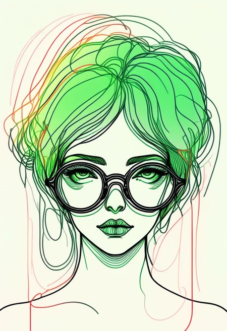 abstract art. line drawing. silhouette of a woman, cybernetics, glasses, green hair,. black lines. white background
perfection style, vivid colors, colorful, vivid background, midjourneyv6.1, aesthetic, anzhcdreamwave, ais-lineart
