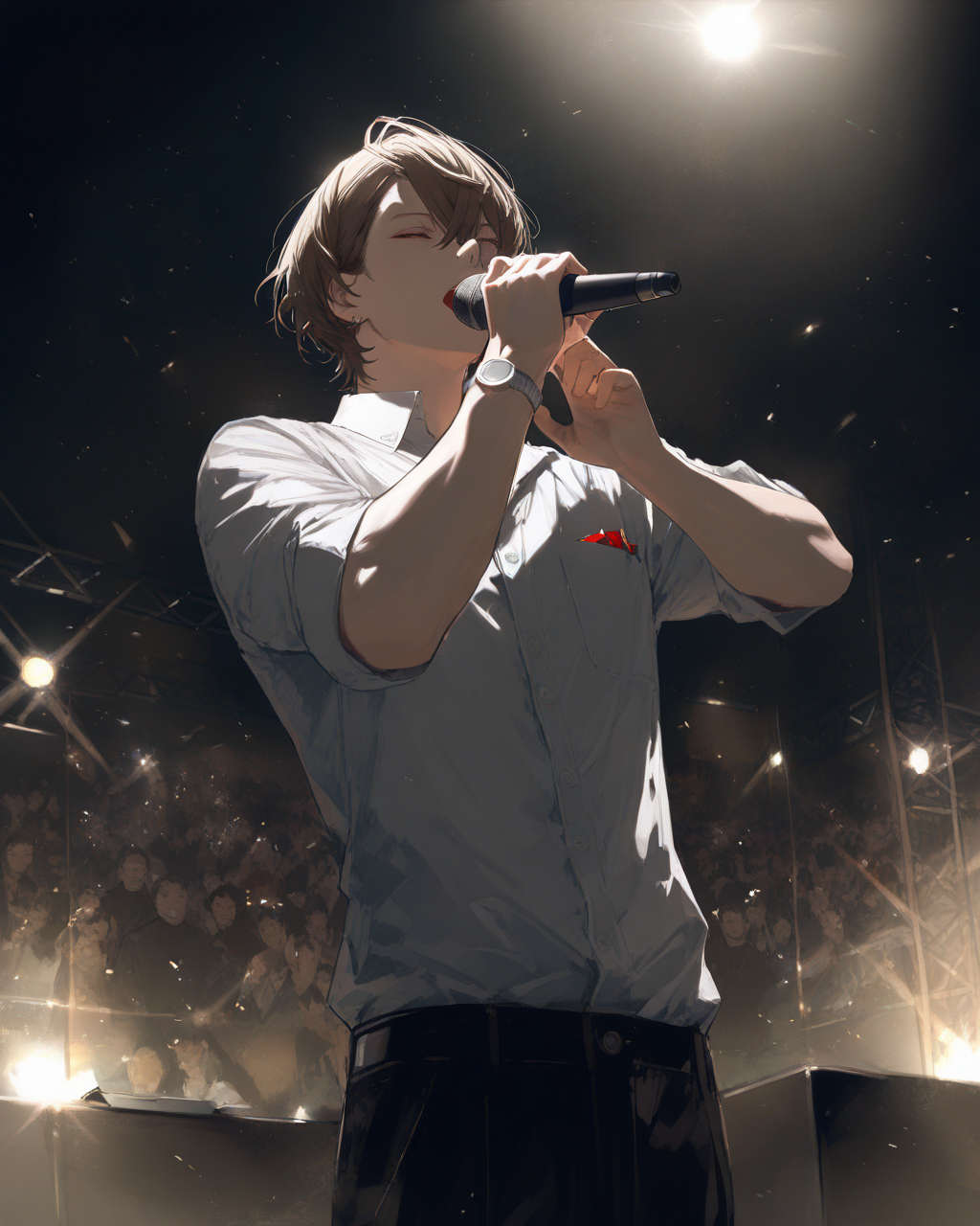 1boy, KagamiHayatoNijisanji, 
safe, male focus, perspective, realistic, 
nose,
singing, holding microphone, 
collared shirt, 
wristwatch,
hand up,
black pants,
spot lighting, stage, live house,
<lora:kp_KagamiHayatoNijisanjiAnimagineXL_v1_1:1.0>,
masterpiece, high score, great score, absurdres