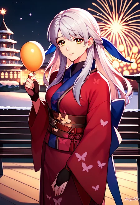 score_9, score_8_up, score_7_up, highres, (best quality:1.1), masterpiece, absurdes, 1girl, solo, long hair, looking at viewer, smile, standing, outdoors, night, bench, balloon, lamppost, ferris wheel, micaiahkimono, looking at viewer, grey hair, half updo, hair ribbon, japanese clothes, red kimono, butterfly print, sash, obi, long sleeves, wide sleeves, black gloves, fireworks, winter, snow, sad smile, upper body