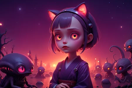cute little Japanese (alien:1.1) anime, l, detailed scene, perfect face, intricately detailed photorealism, trending on artstation, neon lights, misty night, stunning full body anime art by (Mark Ryden:1.1) <lora:Nicoletta_Ceccoli_2:0.4> Nicoletta Ceccoli <lora:another-bored-monsters:0.35> fx-monsters, subsurface scattering, ultra hd, 4k, high def, Photorealistic, Hyperrealistic, Hyper detailed, analog style, realistic, masterpiece, best quality, ultra realistic, 8k, Intricate, High Detail, film photography, soft lighting, heavy shadow