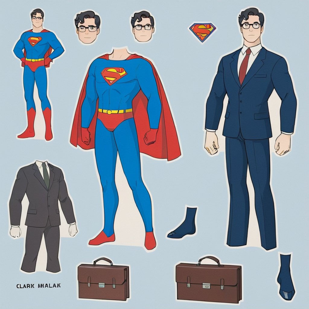 1man,masterpiece,A paper doll in cartoon style, featuring Superman as the main character. The doll itself is dressed in simple underpants, with a neatly tailored suit as the primary outfit. Accessories include a sleek briefcase and a pair of classic gloves. The suit is designed to fit the doll perfectly, emulating Superman's iconic look when not in his superhero attire. The briefcase and gloves add an element of professionalism, capturing the essence of Clark Kent's day-to-day disguise. The cartoon style should be playful and vibrant, appealing to a younger audience and emphasizing the whimsical nature of a paper doll,  <lora:papperdollfix2:0.8>