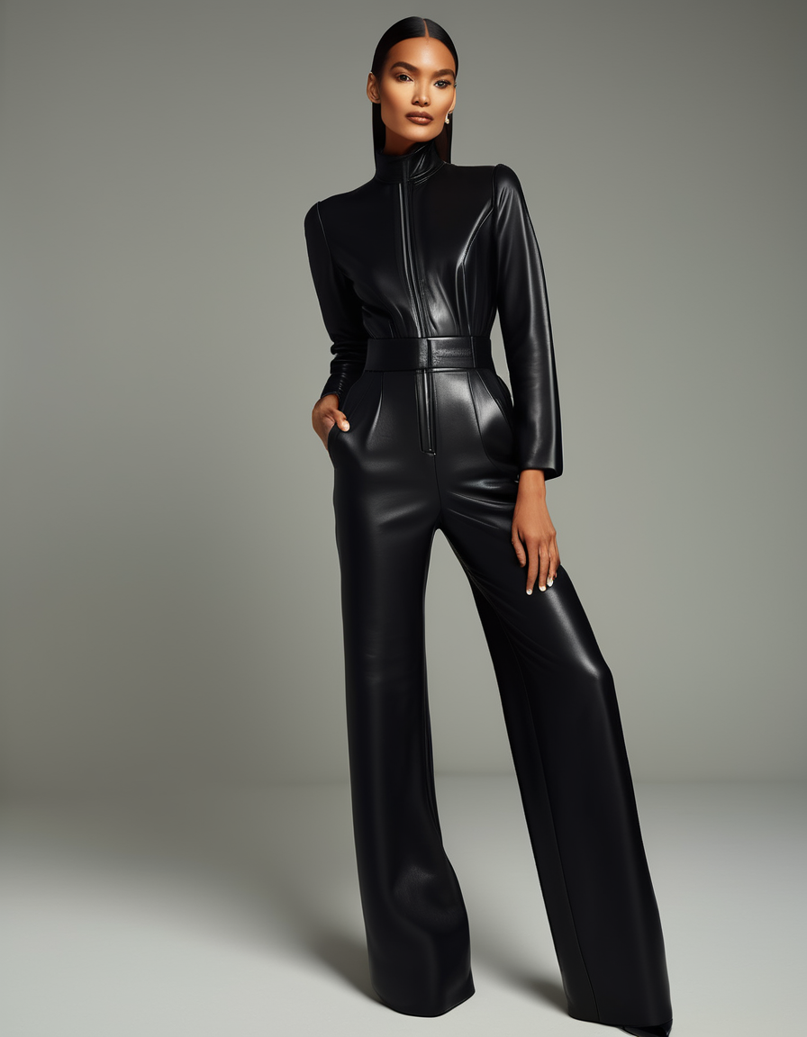 A sleek full-body shot of a model in a structured black leather jumpsuit with a high neckline and wide-legged pants. The jumpsuit hugs her figure, her long legs accentuated by stiletto heels, her hair slicked back, her eyes fierce and focused. <lora:usual-portrait-v2:1>