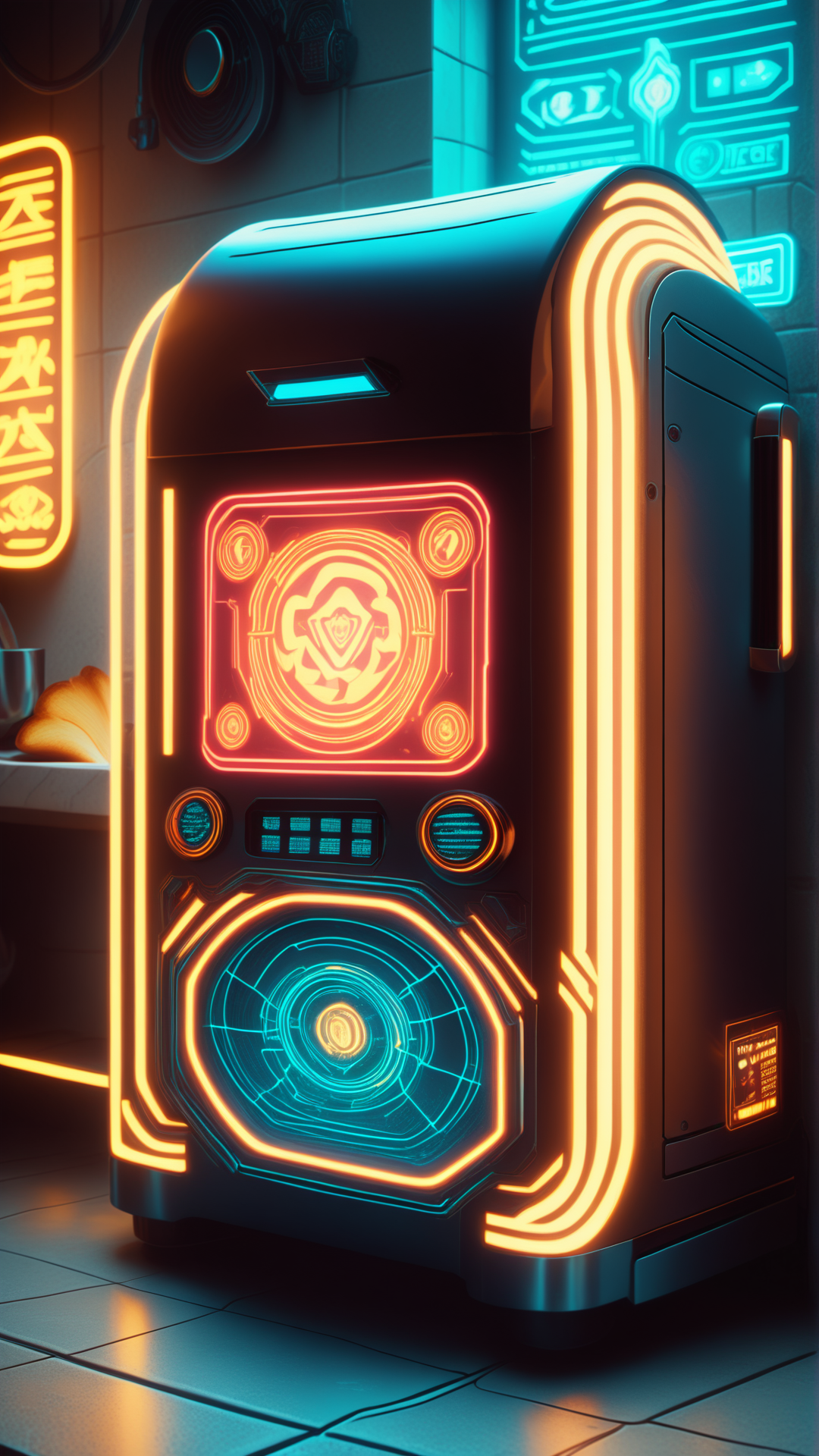 score_9, score_8_up, score_7_up, score_6_up, <lora:CyberpunkWorldPony:1> CyberpunkWorld Toaster oven, cyberpunk, neon lights, glow, blue tone, sci fi, tech, (Masterpiece:1.3) (best quality:1.2) (high quality:1.1)