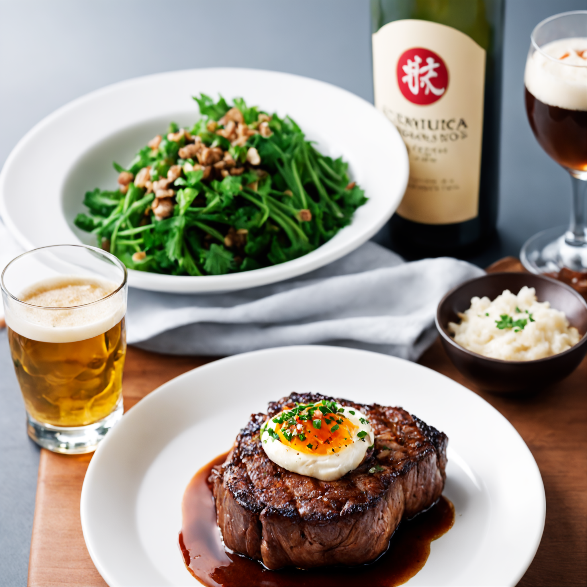 A magazine photograph of a perfectly seared and seasoned steak made by Chef Gordan Ramsey, still hot from the grill with a side garnish of caramelized cracked garlic clove & sprig of parsley & side of loaded mashed potatoes with a bottle of Japanese beer and a tall foamy glass., trending & awarded photo by the acclaimed photographer, bokeh, f1.8, cinematic lighting, centered composition