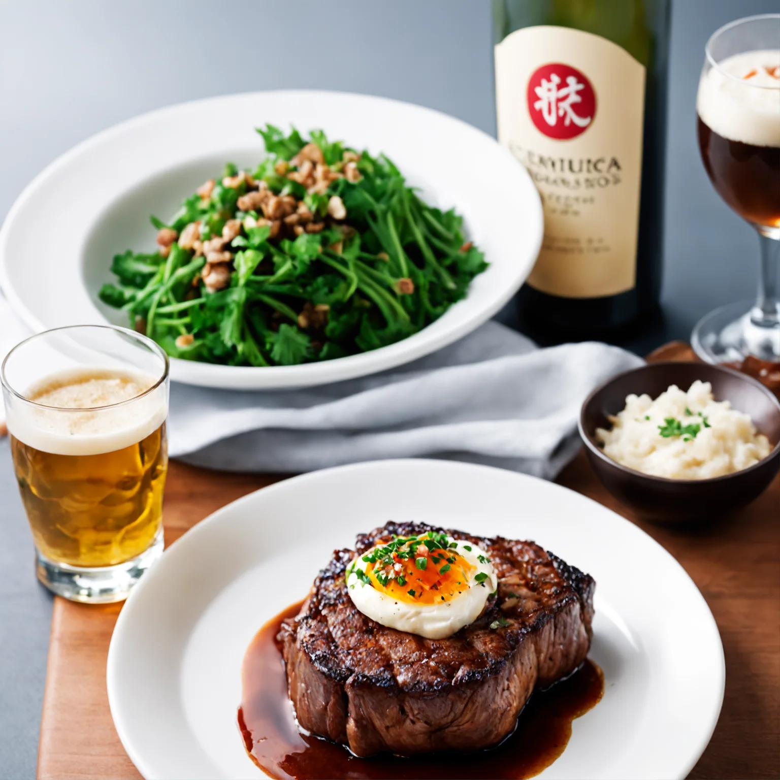 A magazine photograph of a perfectly seared and seasoned steak made by Chef Gordan Ramsey, still hot from the grill with a side garnish of caramelized cracked garlic clove & sprig of parsley & side of loaded mashed potatoes with a bottle of Japanese beer and a tall foamy glass., trending & awarded photo by the acclaimed photographer, bokeh, f1.8, cinematic lighting, centered composition