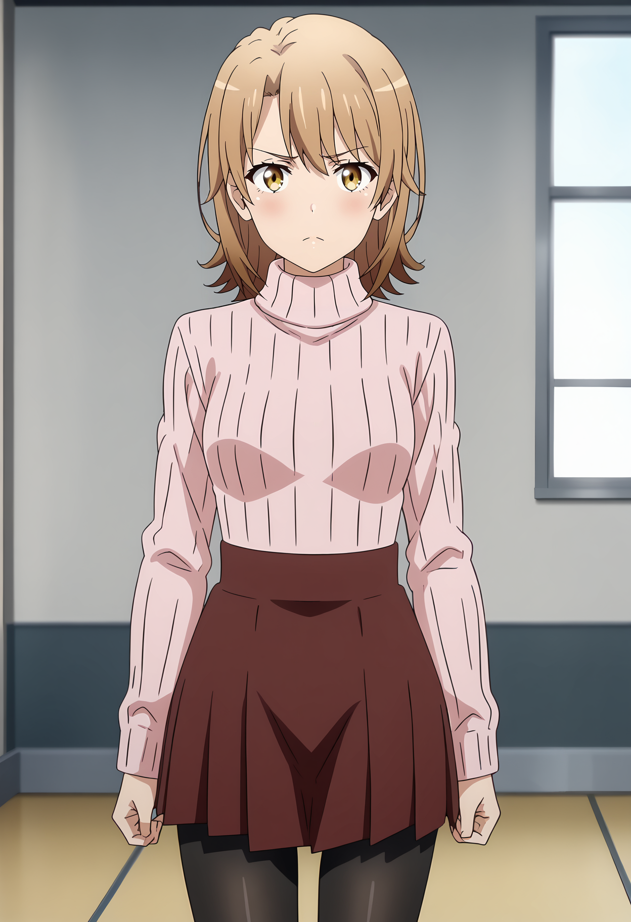 anime screencap,
<lora:YahariOreNoSeishunLoveComedy_IsshikiIrohaXL:0.9>,
1girl, solo, closed mouth, pout, blush,
medium hair, multicolored hair, light brown hair, brown hair, multicolored eyes, yellow eyes, hair between eyes,
IrohaCasual, turtleneck sweater, ribbed sweater, pink sweater, long sleeves, high-waist skirt, pleated skirt, red skirt, black pantyhose,
thigh gap, cowboy shot, standing, looking at viewer,
indoors, blurry background