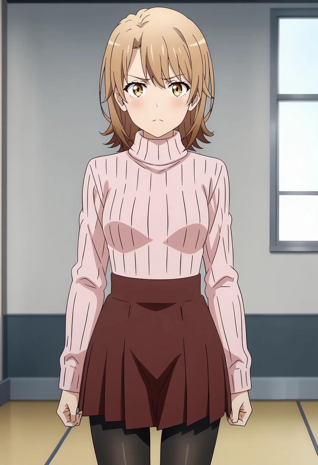 anime screencap,
<lora:YahariOreNoSeishunLoveComedy_IsshikiIrohaXL:0.9>,
1girl, solo, closed mouth, pout, blush,
medium hair, multicolored hair, light brown hair, brown hair, multicolored eyes, yellow eyes, hair between eyes,
IrohaCasual, turtleneck sweater, ribbed sweater, pink sweater, long sleeves, high-waist skirt, pleated skirt, red skirt, black pantyhose,
thigh gap, cowboy shot, standing, looking at viewer,
indoors, blurry background