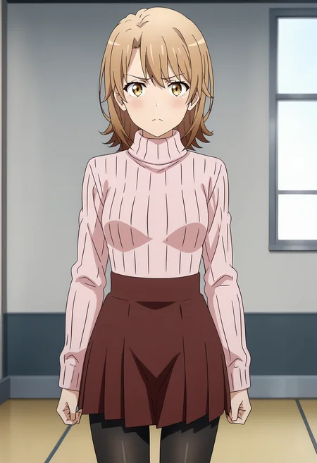 anime screencap,
<lora:YahariOreNoSeishunLoveComedy_IsshikiIrohaXL:0.9>,
1girl, solo, closed mouth, pout, blush,
medium hair, multicolored hair, light brown hair, brown hair, multicolored eyes, yellow eyes, hair between eyes,
IrohaCasual, turtleneck sweater, ribbed sweater, pink sweater, long sleeves, high-waist skirt, pleated skirt, red skirt, black pantyhose,
thigh gap, cowboy shot, standing, looking at viewer,
indoors, blurry background