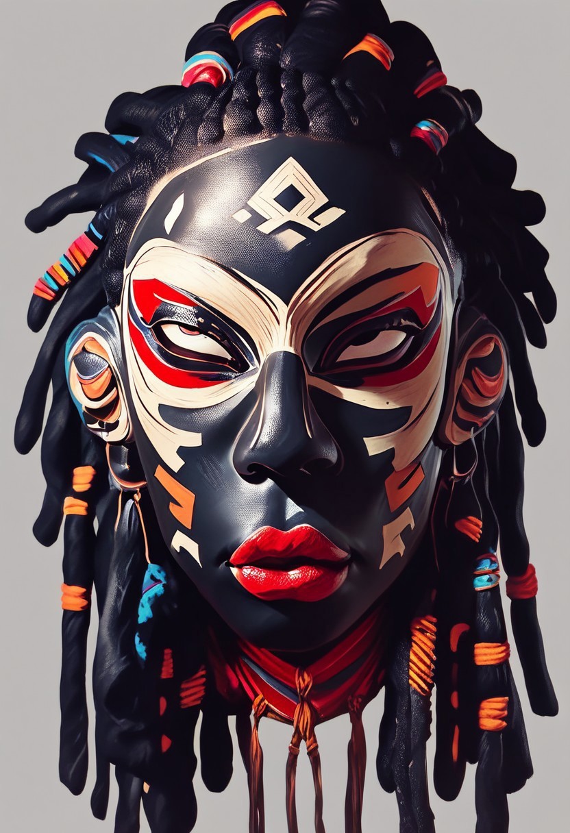 score_9, score_8_up, score_7_up, score_6_up, score_5_up, score_4_up, gorgeous face, dreadlocks, wearing mask, African mask, modern mask, 1girl, lipstick, pastel colour palette, ahegao, 