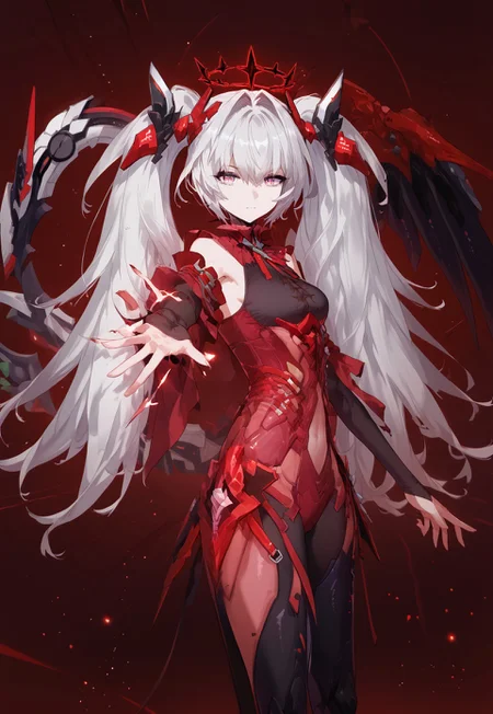 zPDXL3, score_9_up, score_8_up, score_7_up, (Anime_source), 1girl, (cowboy shot), Oblivion, pink eyes, star-shaped iris, white hair, long hair, twin tails, headgear, Oblivion clothes, half wing, mechanical wing, looking at viewer, one arm reaching viewer, red theme, L.O. floating crown, particles, planets,