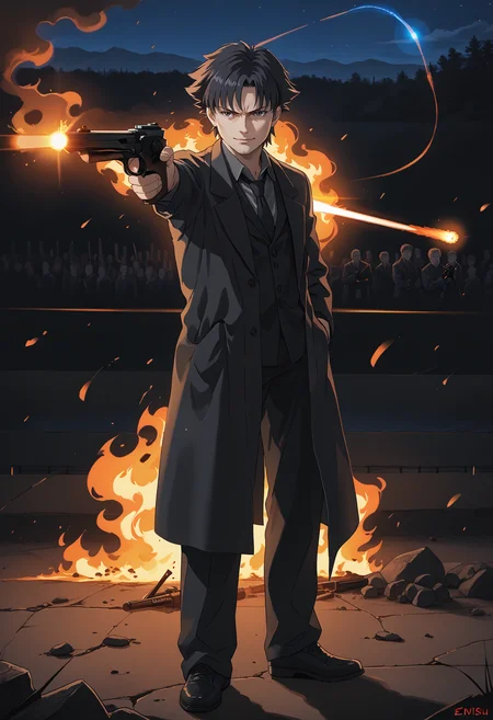 score_9, score_7_up, BREAK, <lora:emiyakiritsuguv1:1>, standing, emiya kiritsugu, black hair, short hair, facial hair, stubble, long coat, black coat, grey shirt, collared shirt, waistcoat, black necktie, black eyes, fire, outdoors, battlefield, evil smile, aiming, darkness, night, night sky, (cross:1.2), <lora:YusufDikecGunPose_pdxl_Incrs_v1:1> holding weapon, holding gun, handgun, hand in pocket, aiming, full body, solo, lens flare,
