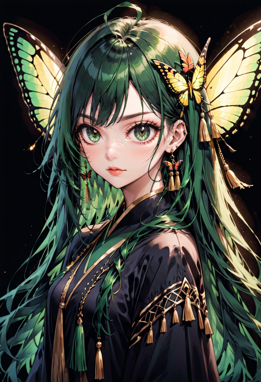 <lora:DauntlessMixSDXL:0.8> DauntlessXL Style, 1girl, black background, bug, butterfly, butterfly hair ornament, butterfly wings, earrings, eyelashes, green eyes, green hair, hair ornament, jewelry, lips, long hair, looking at viewer, parted lips, simple background, solo, tassel, tassel earrings, upper body, wings