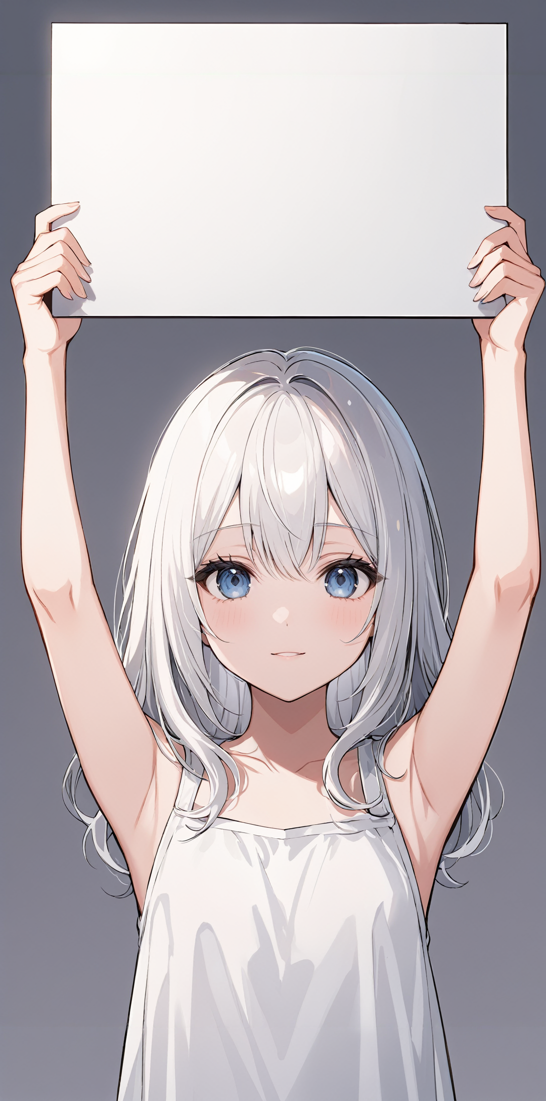 masterpiece,ultra-detailed,best quality,8K,illustration,cute face,clean skin ,shiny hair,girl,ultra-detailed-eyes,simple background, <lora:add-detail-xl:1> <lora:folding sign_XL_V1.0:0.8> folding sign,arms up