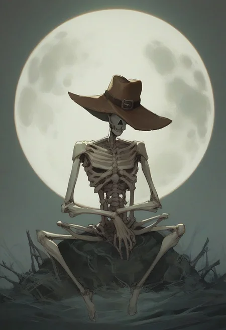 score_9, score_8_up, score_7_up, full dark, no stars, skeleton wearing cowboy hat, sitting on moon