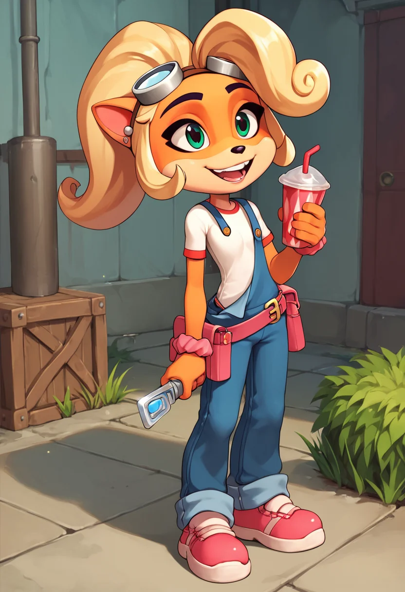 PonyXLV6_Scores,source_anime,masterpiece,best quality, highly detailed, perfect anatomy,amazing quality,
BREAK
<lora:coco:0.8>coco,solo, 1girl, smile, happy, goggles, overalls, jewelry, furry, earrings, shirt, flat chest, shoes, full body, animal ears, teeth, standing, furry female, short sleeves, gradient, two-tone fur, green eyes, body fur, goggles on head, blue overalls, white shirt, red footwear, sidelocks, animal nose, blonde hair, heart, belt, pink footwear, open mouth, wrist scrunchie, grin, artist name, ponytail, shiny, pants, blue pants, parted lips, holding, pouch, orange hair, long hair,outdoors,